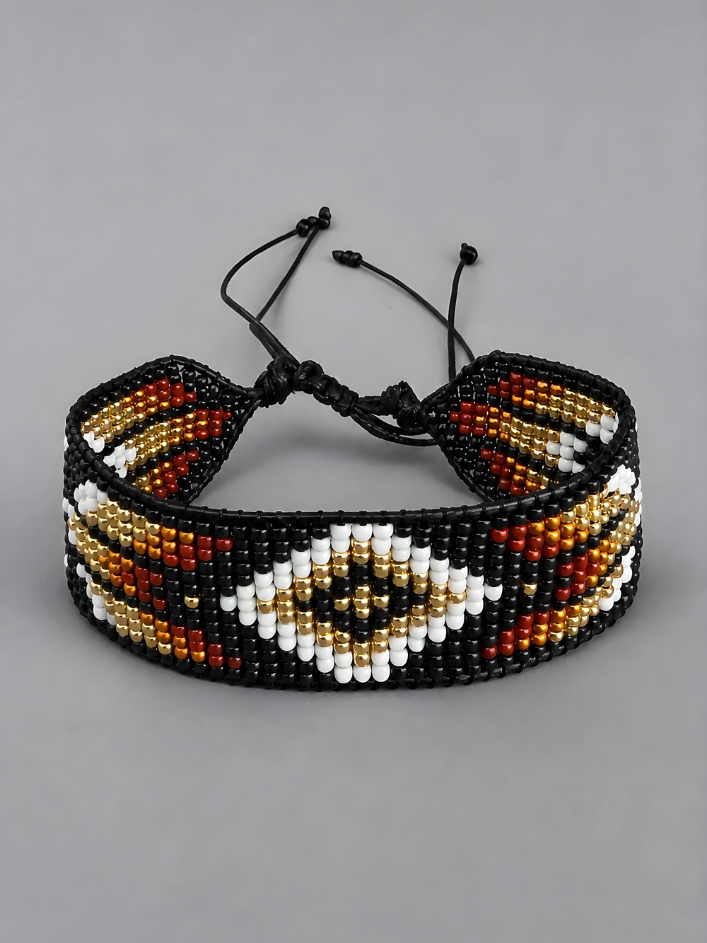 Handmade Loom Woven Seed Bead Cuff Bracelet Southwestern Geo - Red Black Gold